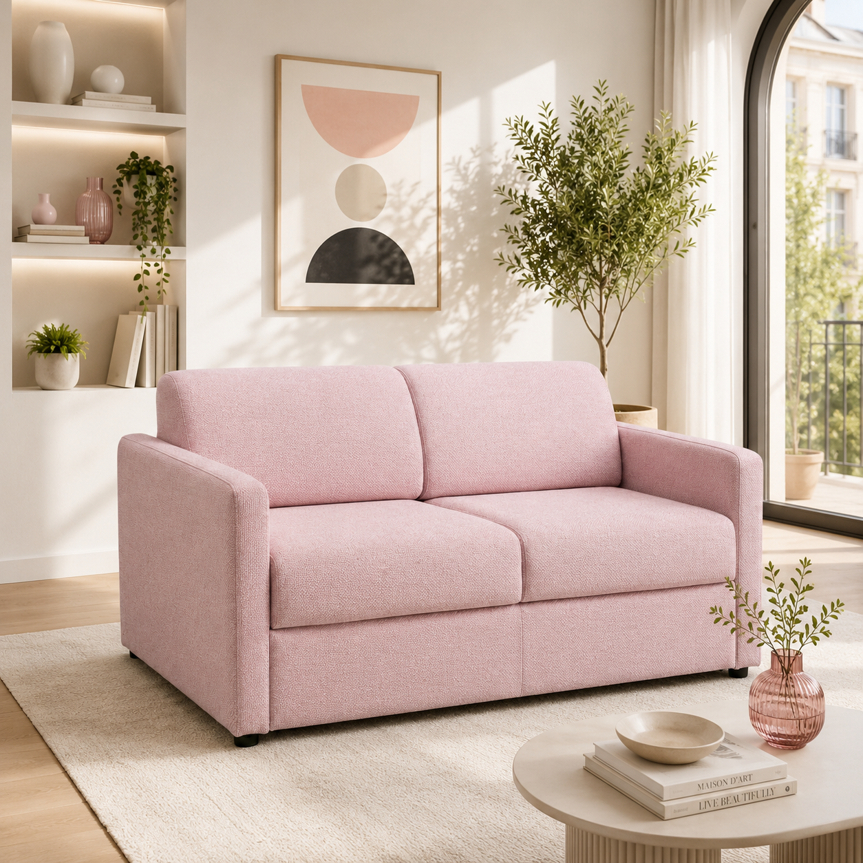 rose flamant 16 -3 Canapé convertible express 3 places lattes Tissu tissé - GRANDIOSE