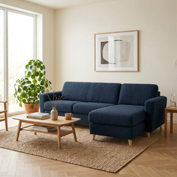 virgola angle bleu nuit amb Canapé d'angle réversible convertible express 120 cm sommier lattes tissu tweed - VIRGOLA